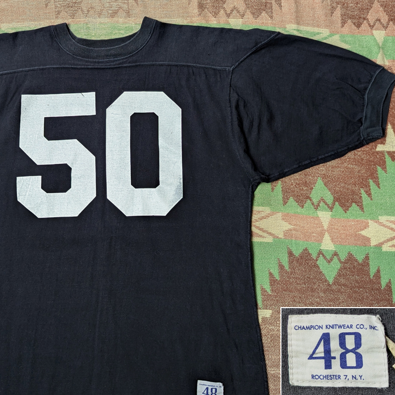スペシャル 黒コットン【チャンピオン】50年代 フットボール Tシャツ ブラック ナンバリング ランタグ ランナーズタグ ビンテージ40s50s60s拍卖