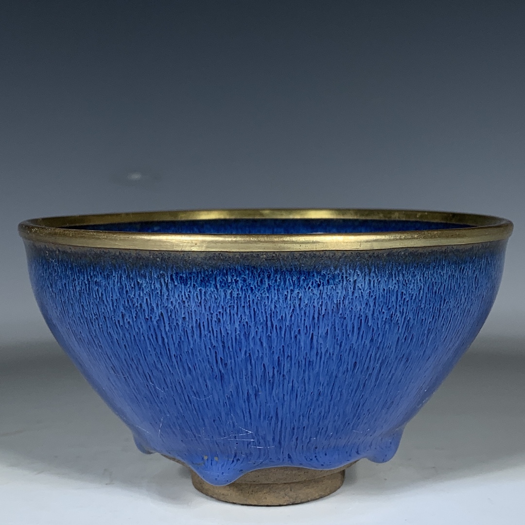 TM7#4554【3.1】中国骨董 人間国宝 磁器【宋建窯包金口藍兎毫球】工芸品 施釉陶 青花磁 陶芸 精美彫 置物 收藏品 拍卖