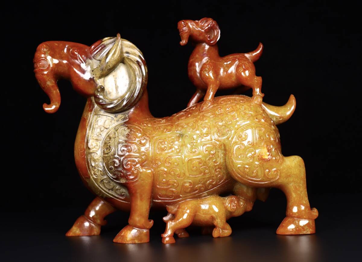 TM7#4580【3.1】人間国宝 中国骨董 和田玉 玉石 印章 彫刻品【絶品旧蔵和田玉三陽開泰】 時代物 本物 珍品旧蔵 伝世家珍拍卖