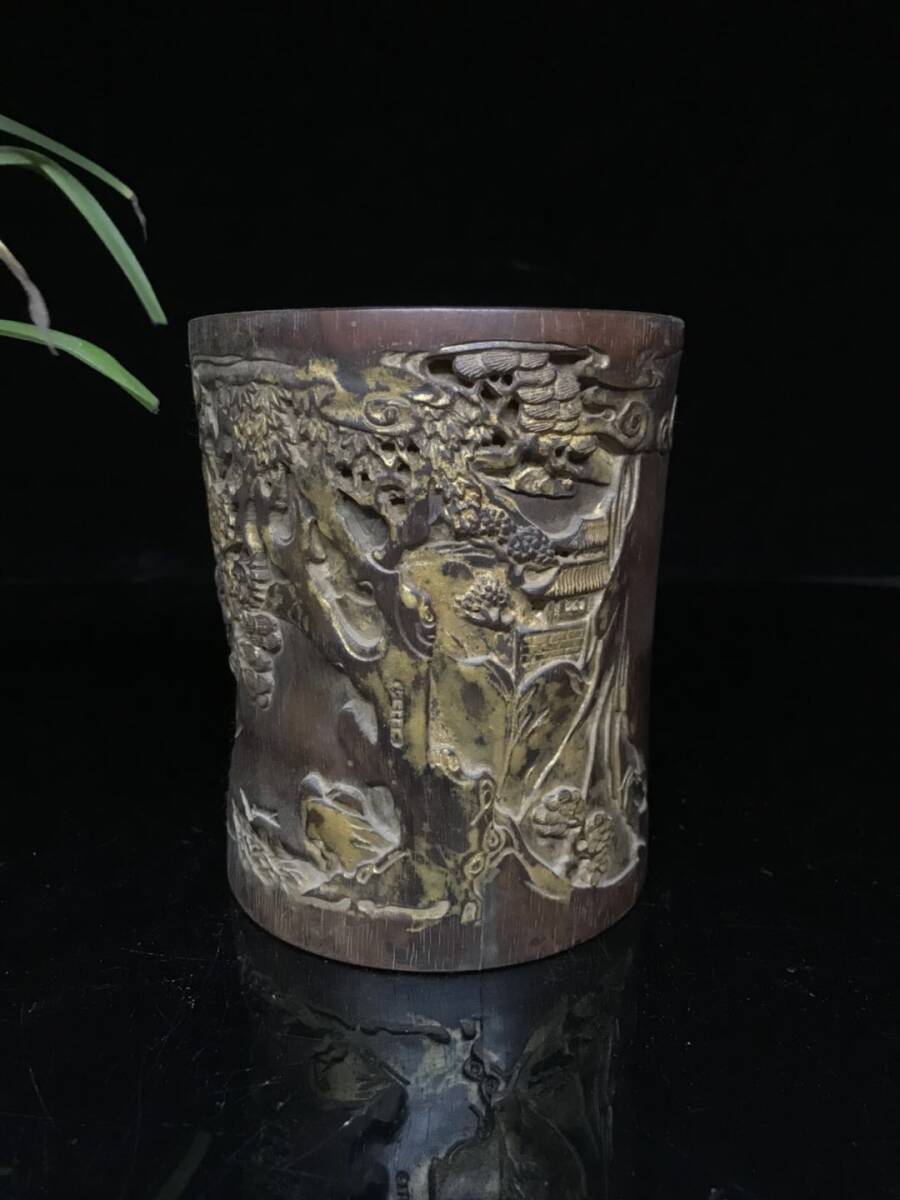TQ7#9260【3.1】中国骨董 人間国宝 古代木工芸品 彫刻品 【黄花梨の蒔絵ペン立てです】 時代物 本物 珍品旧蔵 伝世家珍拍卖