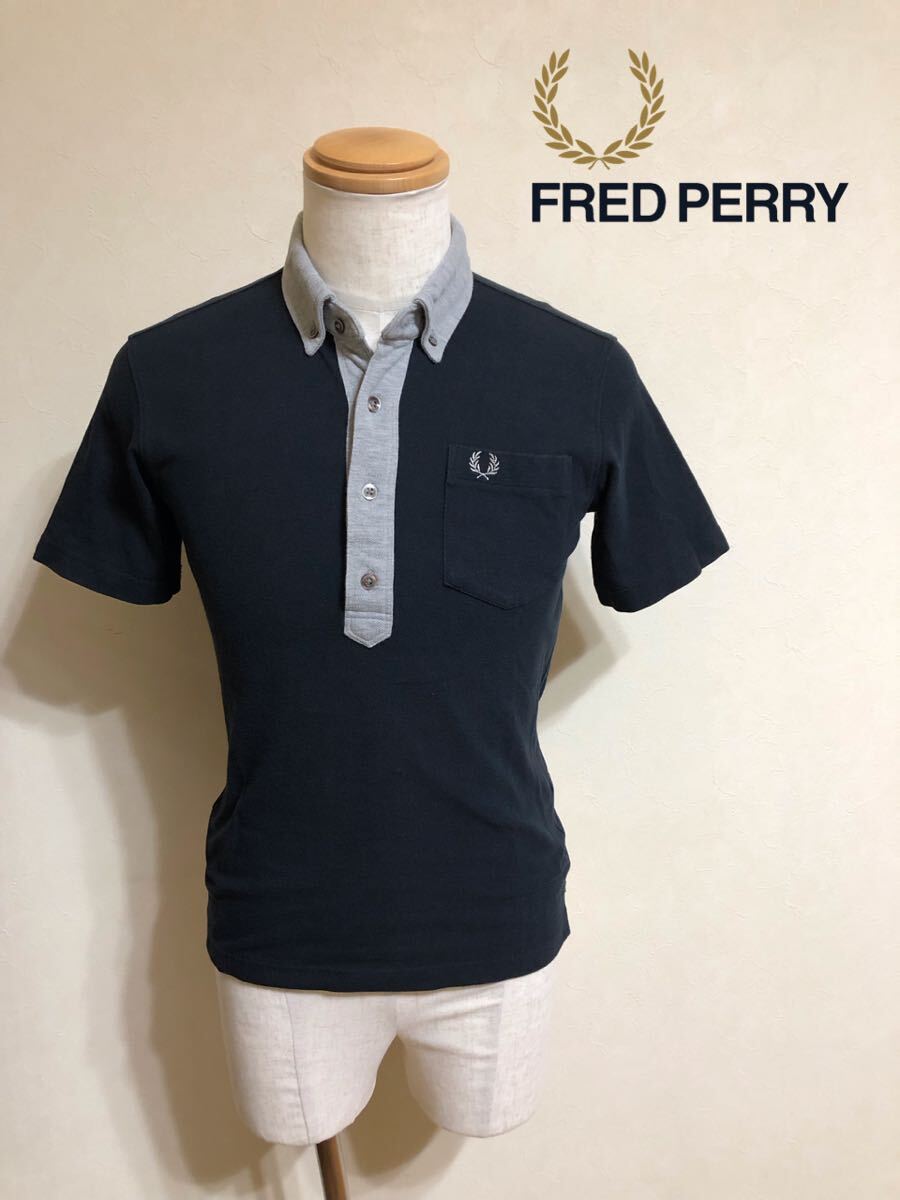 FRED PERRY フレッドペリー ボタンダウン 鹿の子 ポロシャツ トップス サイズM 半袖 黒 グレー F1060拍卖