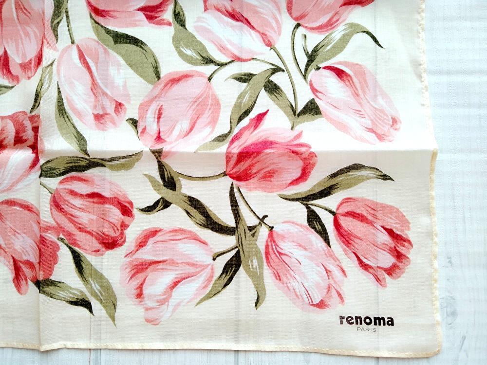 新品★即決★renoma レノマ ハンカチ チューリップ 花柄 レディース 女性 綿100% ブランド クリームxピンク 拍卖