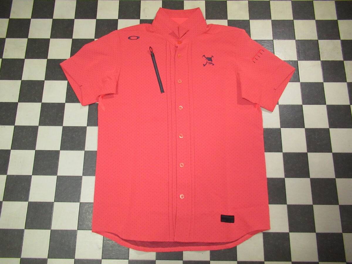 ★オークリー/OAKLEY★美品 L ゴルフ スカルコレクション ドット柄WOVEN半袖シャツ コーラルグロウ拍卖