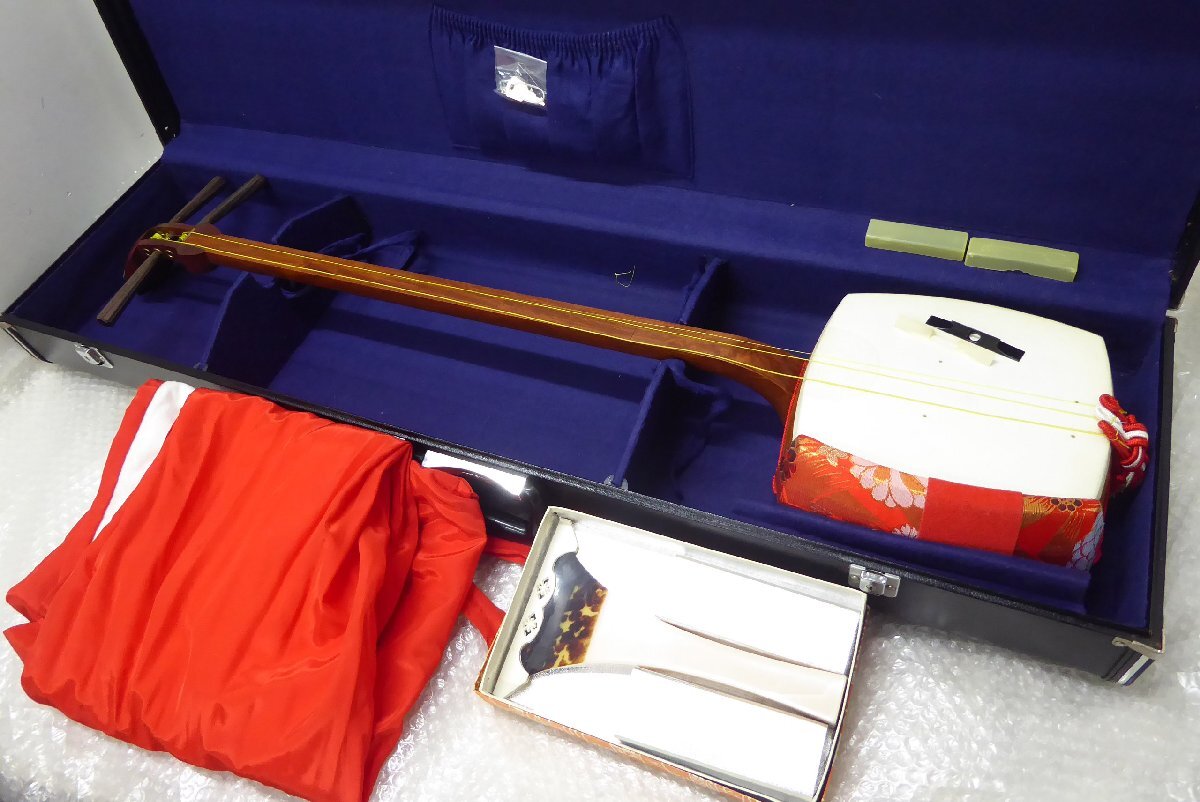 ■◆ 三味線 正寸 細棹 皮破れ 樹脂べっ甲 撥 バチ /ケース付き拍卖