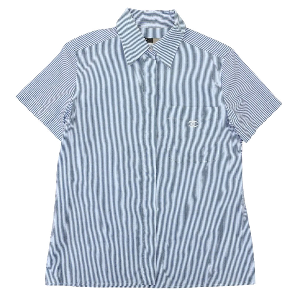 CHANEL シャネル ココマーク刺繍 ストライプ シャツ バックポケット トップス レディース コットン100% ブルー 38 ヴィンテージ拍卖