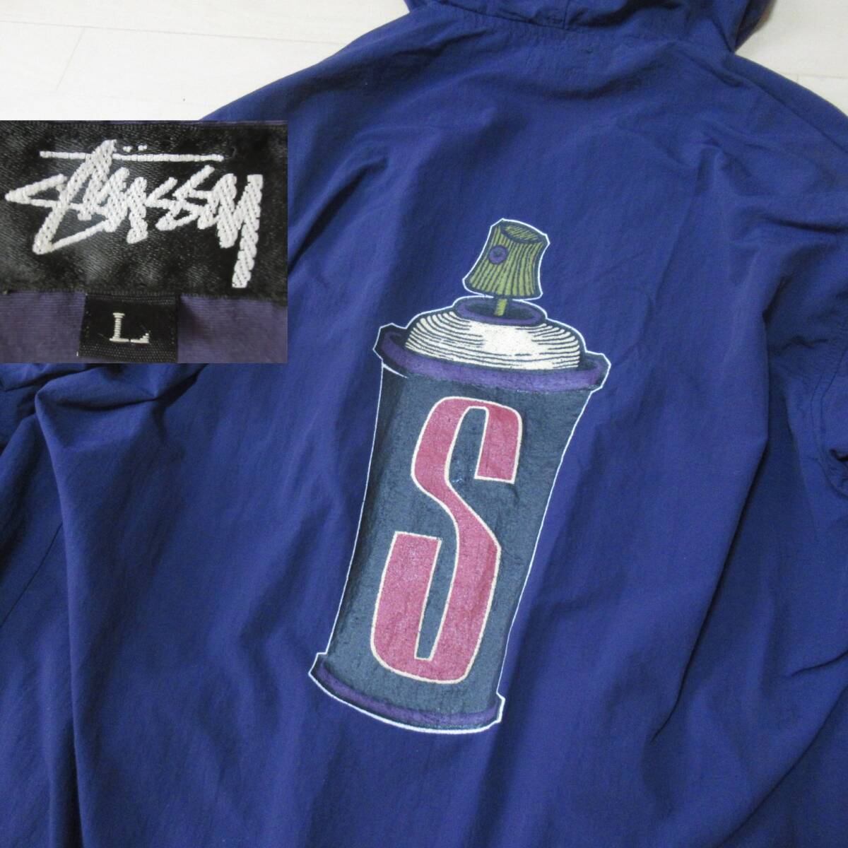 ★即決送込★レア色ナス紺 80s USA製 STUSSY old oldstussy オールド ステューシー スプレー缶 ナイロンジャケット パーカー フード コート拍卖