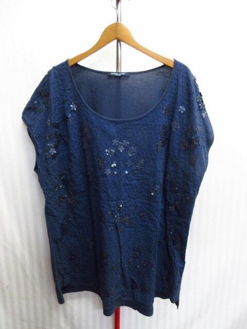 MARINA RINALDI(マリナ リナルディ) 花柄スパンコール付きカットソー SIZE XL LL 紺 レースシャツ チュニック オーバーサイズシャツ07044拍卖