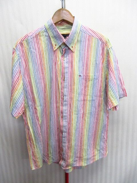 FIDATO UOMO フィダート シアサッカー仕様レインボー柄シャツ メンズLL XL 半袖ボタンダウンシャツ サマーシャツ ストライプ柄07103拍卖