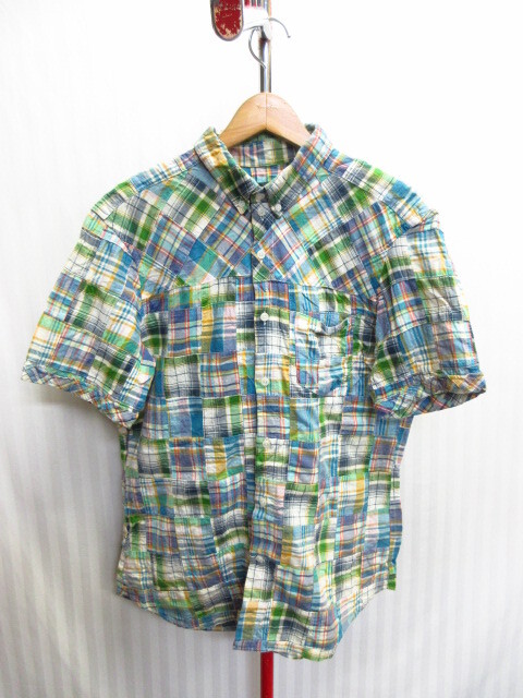 ビームス パッチワーク柄シャツ メンズXL LL 半袖ボタンダウンシャツ 襟付き半袖カットソー チェック柄シャツ 日本製 半袖シャツ 07183拍卖