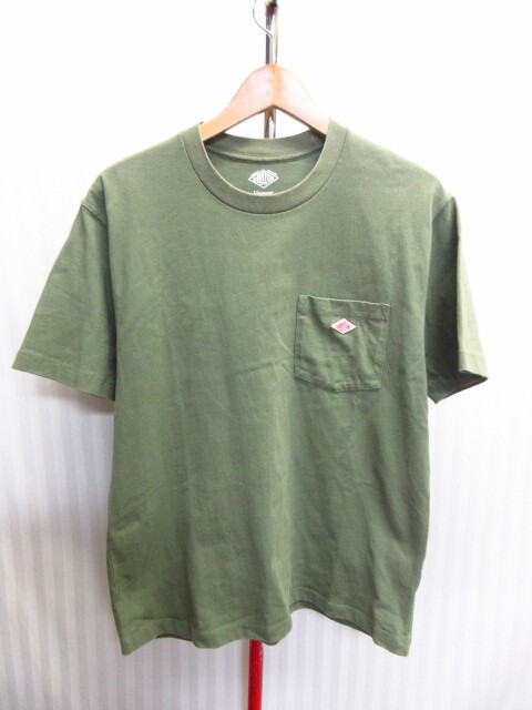 DANTON ダントン Tシャツ メンズ40 カーキグリーン系 ポケットTシャツ 半袖カットソー ロゴ付きクルーネックシャツ 半袖シャツ 07221拍卖