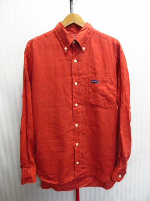 ナイジェルケーボン 90sヴィンテージ リネンシャツ メンズ02 XL相当 オレンジ系 麻シャツ 長袖ボタンダウンシャツ サマーシャツ 07232拍卖
