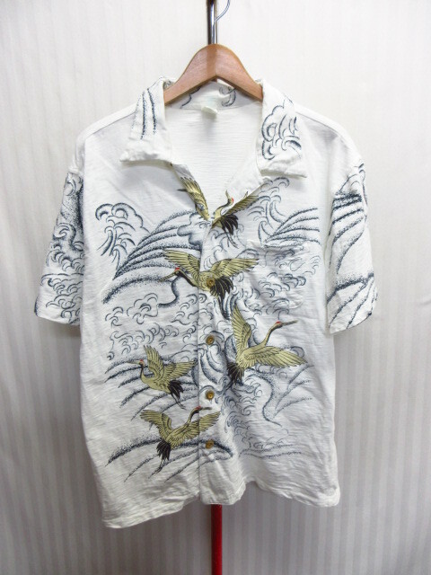 エターナル 倉 鶴柄オープンカラーシャツ メンズL 和柄アロハシャツ 和柄シャツ 開襟ハワイアンシャツ 半袖シャツ 襟付カットソー07231拍卖