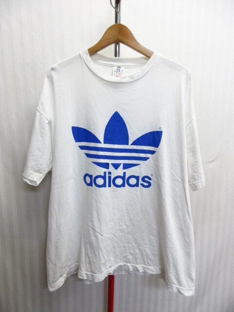 USA製 アディダス 90sヴィンテージ ビッグトレフォイルTシャツ メンズUS L XLサイズ 白Tシャツ 半袖カットソー 三つ葉ロゴシャツ07231拍卖