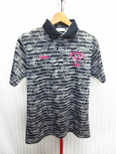 アディダスゴルフ 迷彩柄ポロシャツ メンズM ピンクロゴ刺繍ゴルフシャツ 襟付き半袖カットソー ゴルフウエア スポーツシャツ 07251拍卖