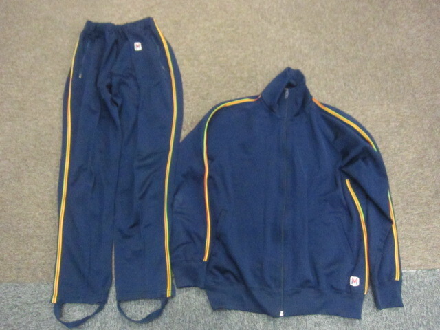 ミズノ MIZUNO ATHLETE 70s80sヴィンテージ ジャージ上下セットアップ メンズO XL LL 紺×レインボーライン トラックジャケット07269拍卖