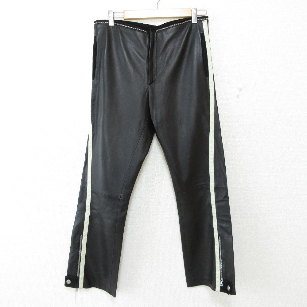 美品 PRADA プラダ 側章 裏地メッシュ レザーパンツ ブラック拍卖