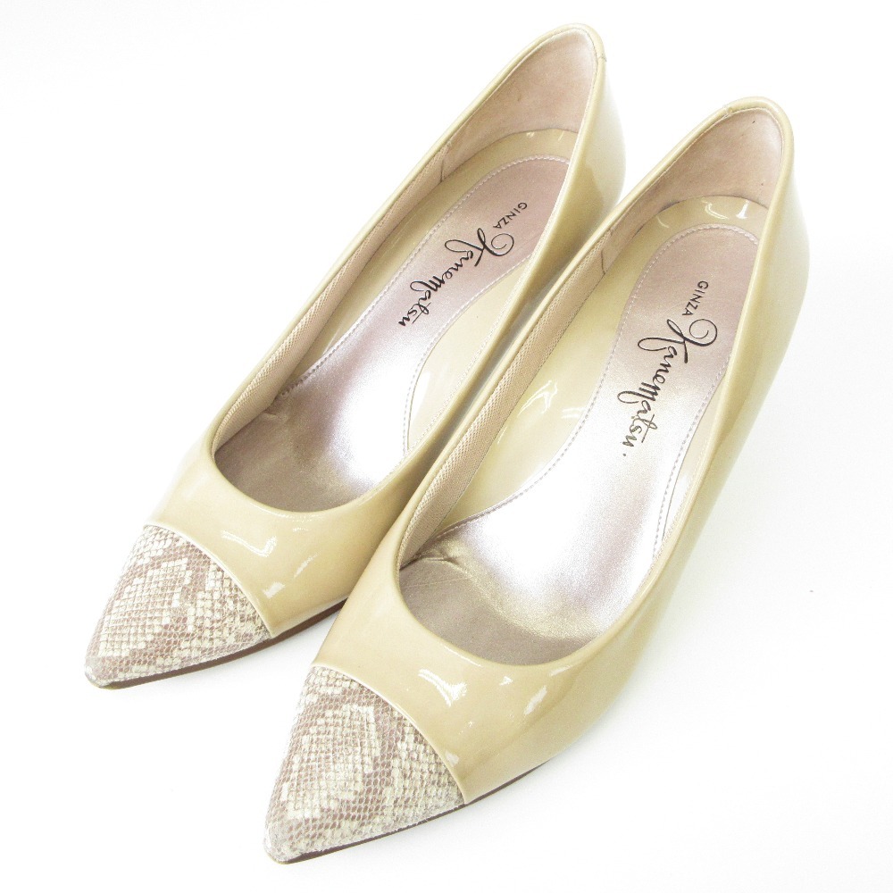 良品 GINZA Kanematsu 銀座かねまつ パテントレザー ポインテッドトゥ パンプス 24cm ベージュ拍卖