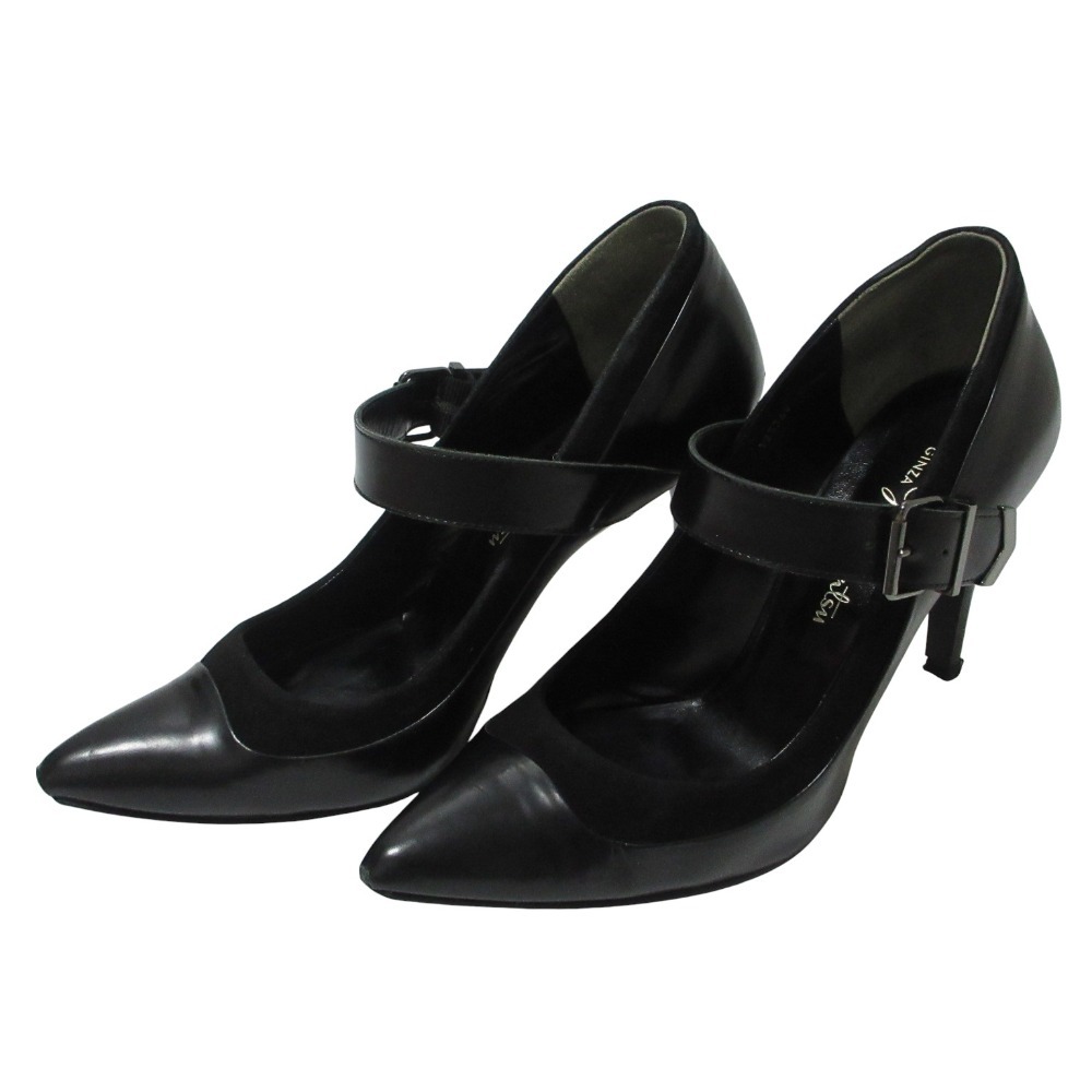 良品 GINZA Kanematsu 銀座かねまつ レザー ポインテッドトゥ ベルト パンプス 24cm D ブラック拍卖