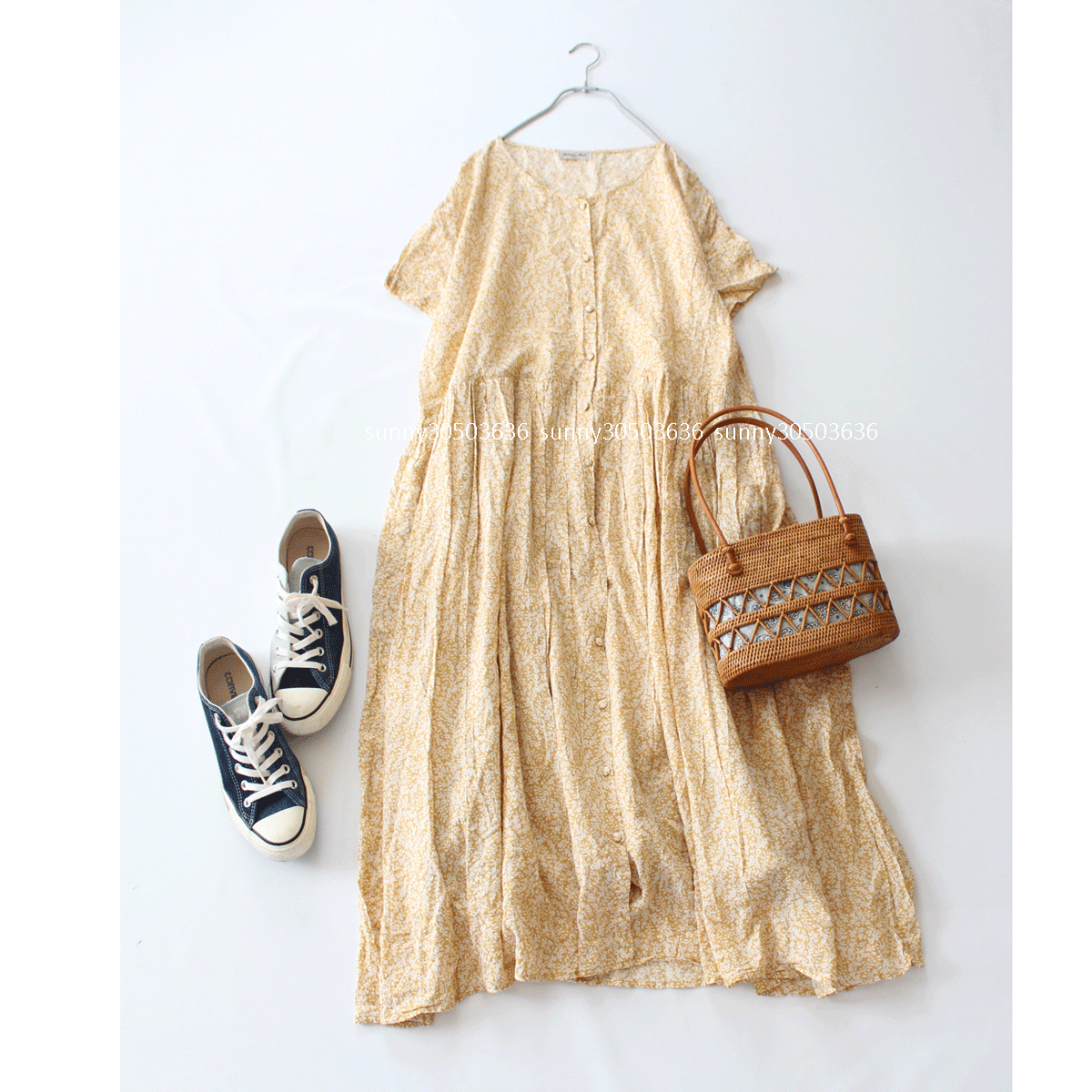 Samansa Mos2サマンサモスモス★リップル花柄ウエスト切替ノーカラー前ボタンロングワンピース★拍卖