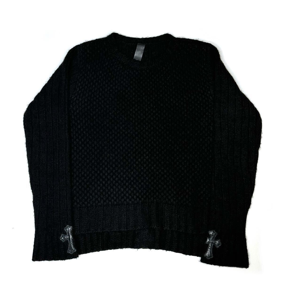 本物 CHROME HEARTS クロムハーツ カシミアニット レザー クロスパッチ クルーネックニット メンズ トップス カシミア セーター パーカー拍卖