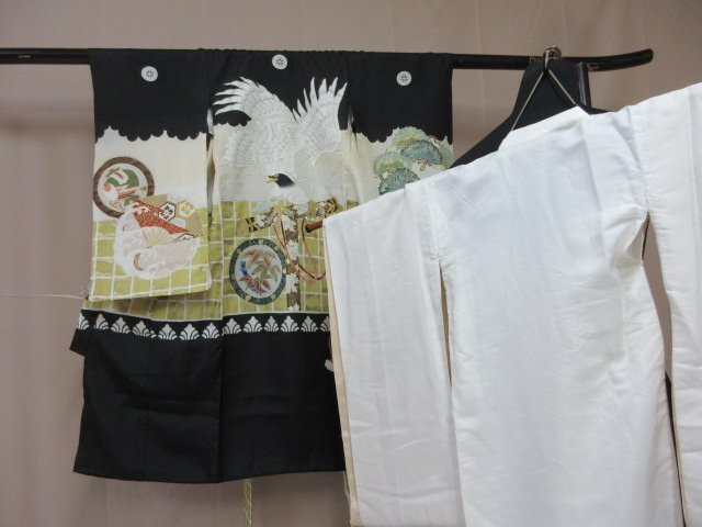 1円 中古 正絹 男児 子供着物 縮緬 七五三 和装 和服 産着 襦袢セット 鷹 松 丸文 笹 高級 袷 身丈98cm【夢職】★拍卖