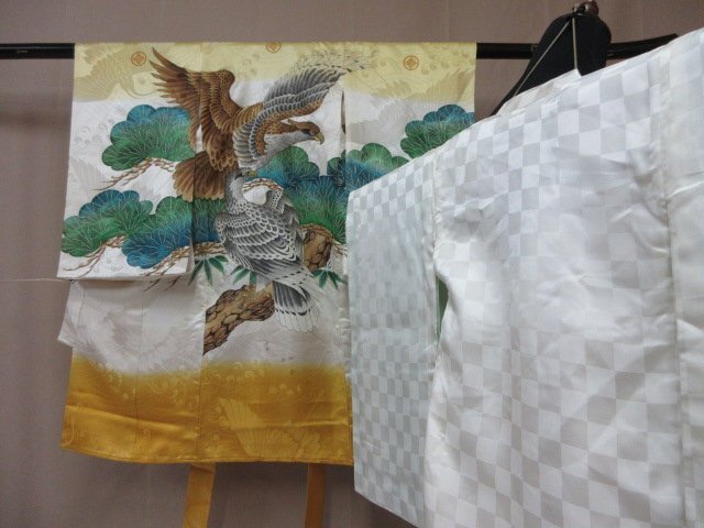 1円 良品 正絹 男児 子供着物 縮緬 七五三 和装 和服 産着 襦袢セット 鷹 松 高級 袷 身丈97cm【夢職】★拍卖