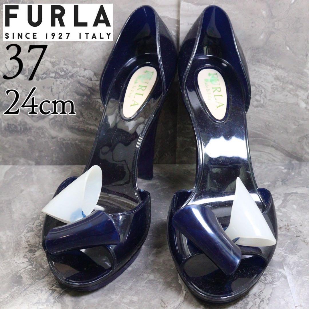 FURLA フルラ 24 ラバーサンダル ハイヒール パンプス リボン 青拍卖