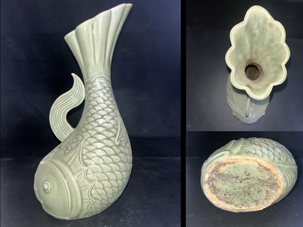 BD162■晋唐・越窯・秘色釉・耀州窯 刻花魚壺 時代物 古玩 唐物 古陶磁器■拍卖
