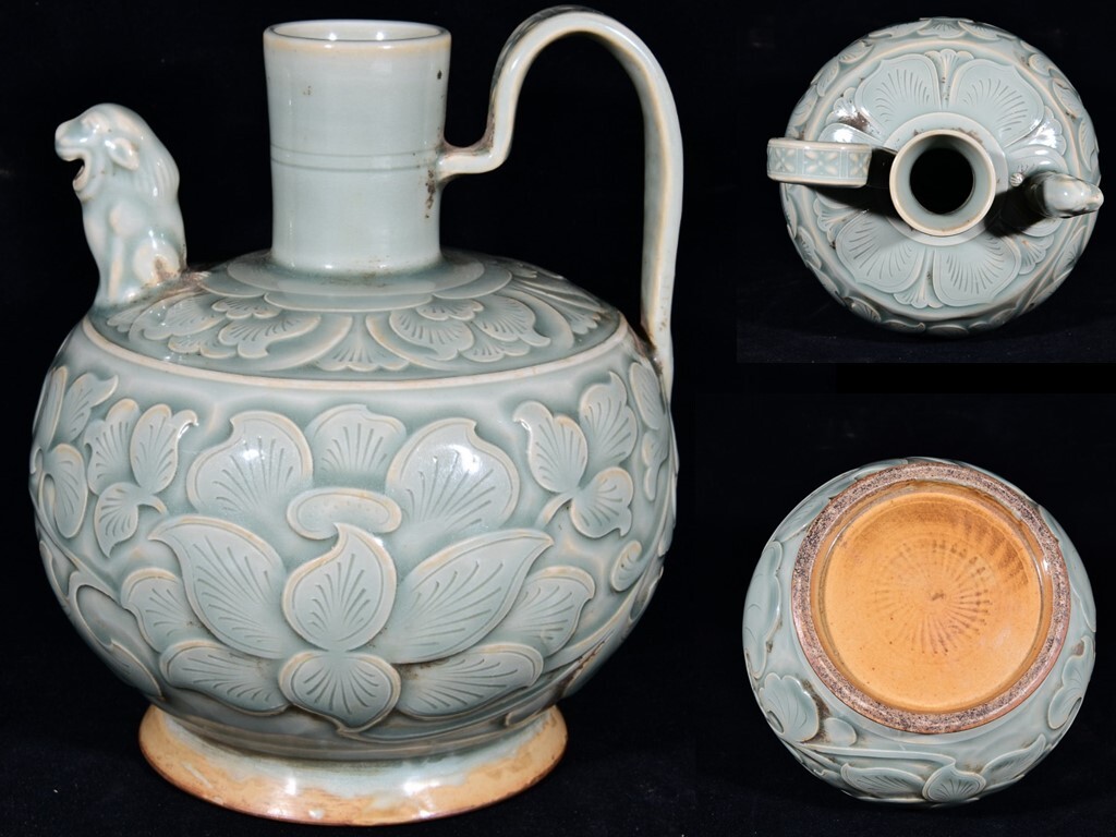 TX106■晋唐・越窯・秘色釉・耀州窯 青磁刻纏枝牡丹花卉紋執壺 時代物 古玩 唐物 古陶磁器■拍卖