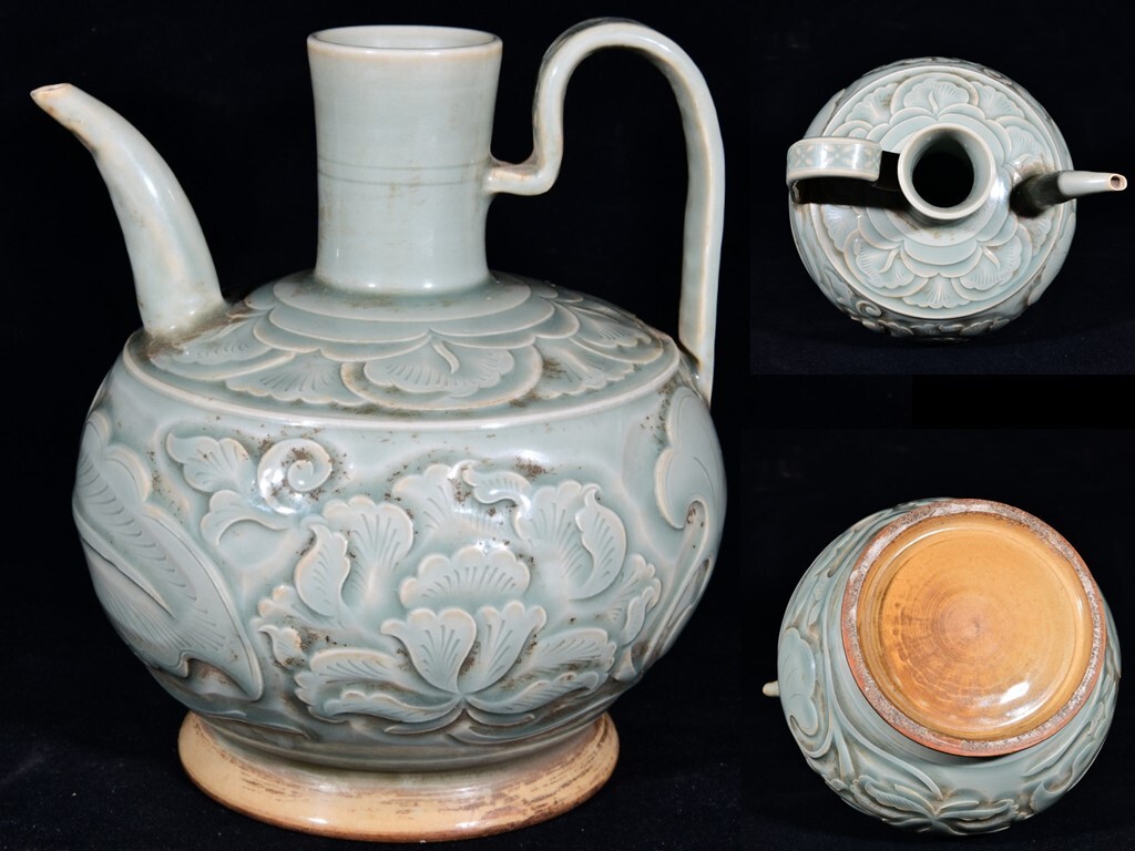 TX108■晋唐・越窯・秘色釉・耀州窯 青磁刻纏枝牡丹花卉紋執壺 時代物 古玩 唐物 古陶磁器■拍卖