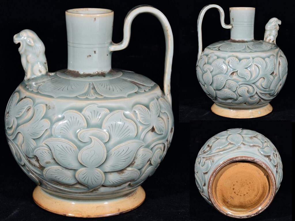 TX110■晋唐・越窯・秘色釉・耀州窯 青磁刻纏枝牡丹花卉紋執壺3 時代物 古玩 唐物 古陶磁器■拍卖