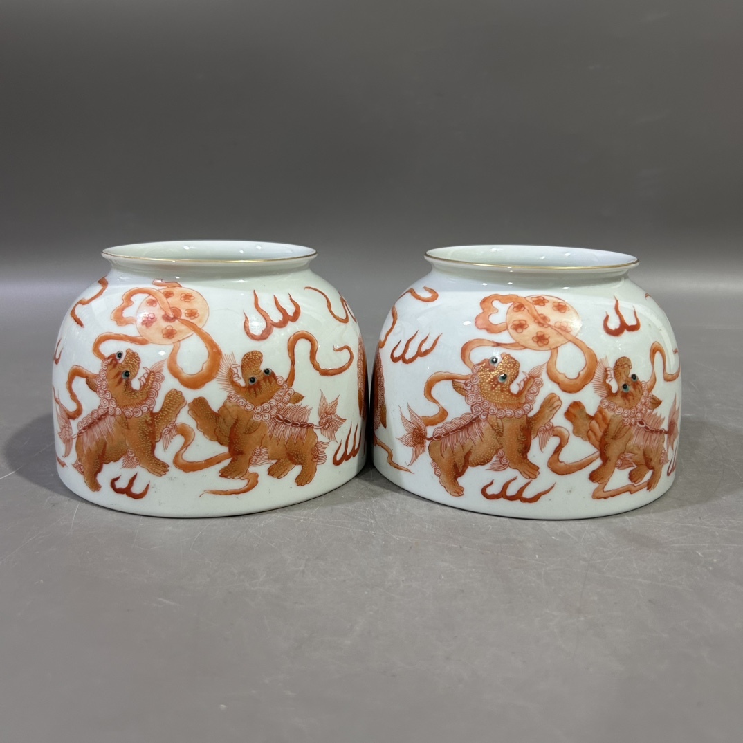 ■BC118■大清雍正年制銘 礬紅双龍戯珠馬蹄洗一対 時代物 古玩 唐物 古陶磁器■拍卖