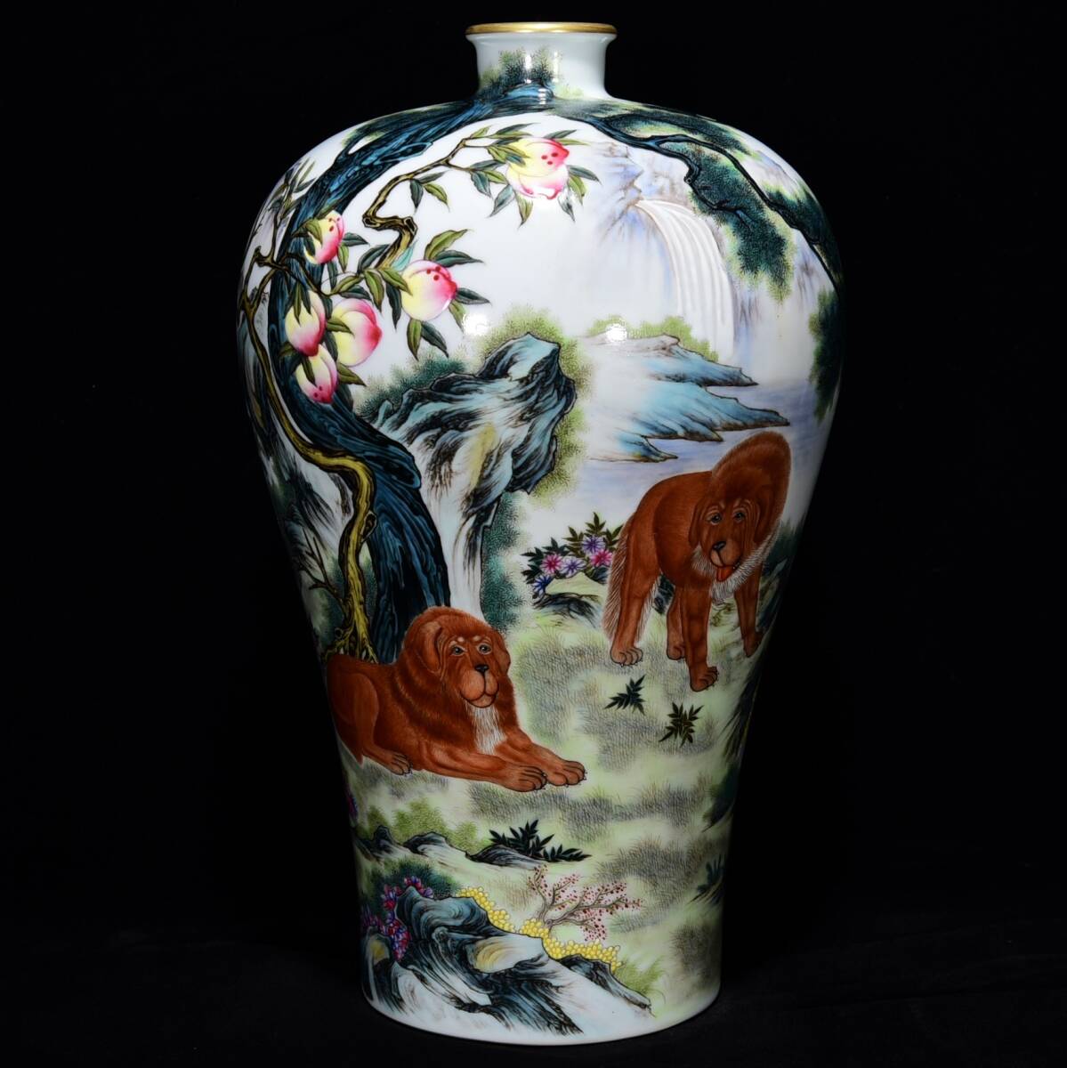 ■LH193■大清雍正年制銘 粉彩描金口獅子紋梅瓶 時代物 古玩 唐物 古陶磁器■拍卖