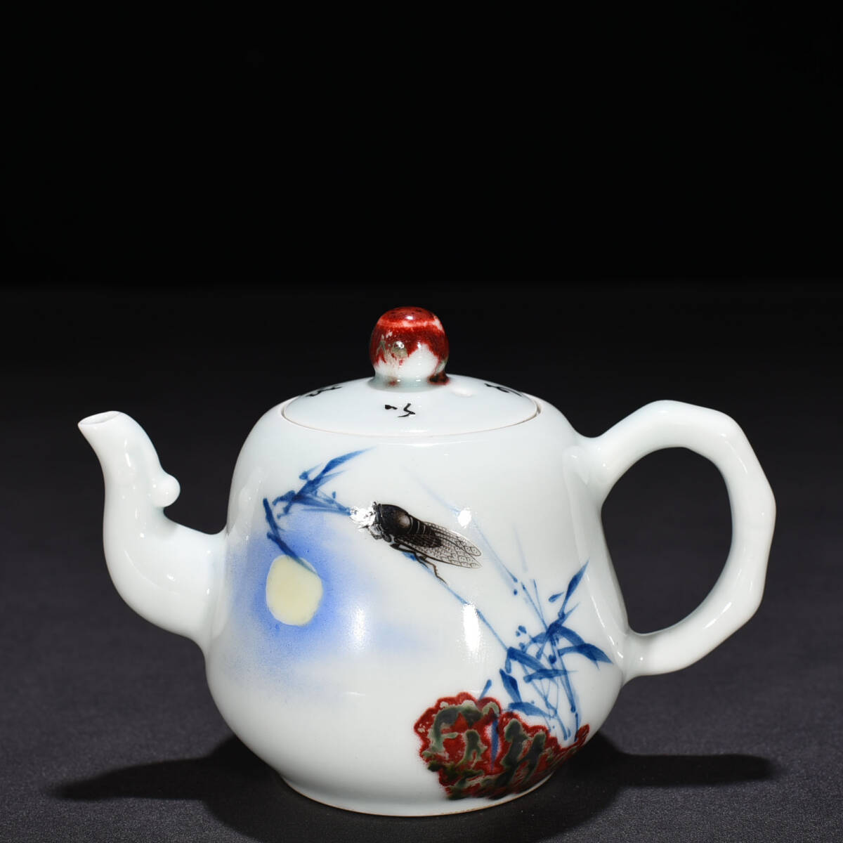 ■TM155■民国五六十年代作 青花釉里紅蝉嗚竹影紋壺 時代物 古玩 唐物 古陶磁器■拍卖