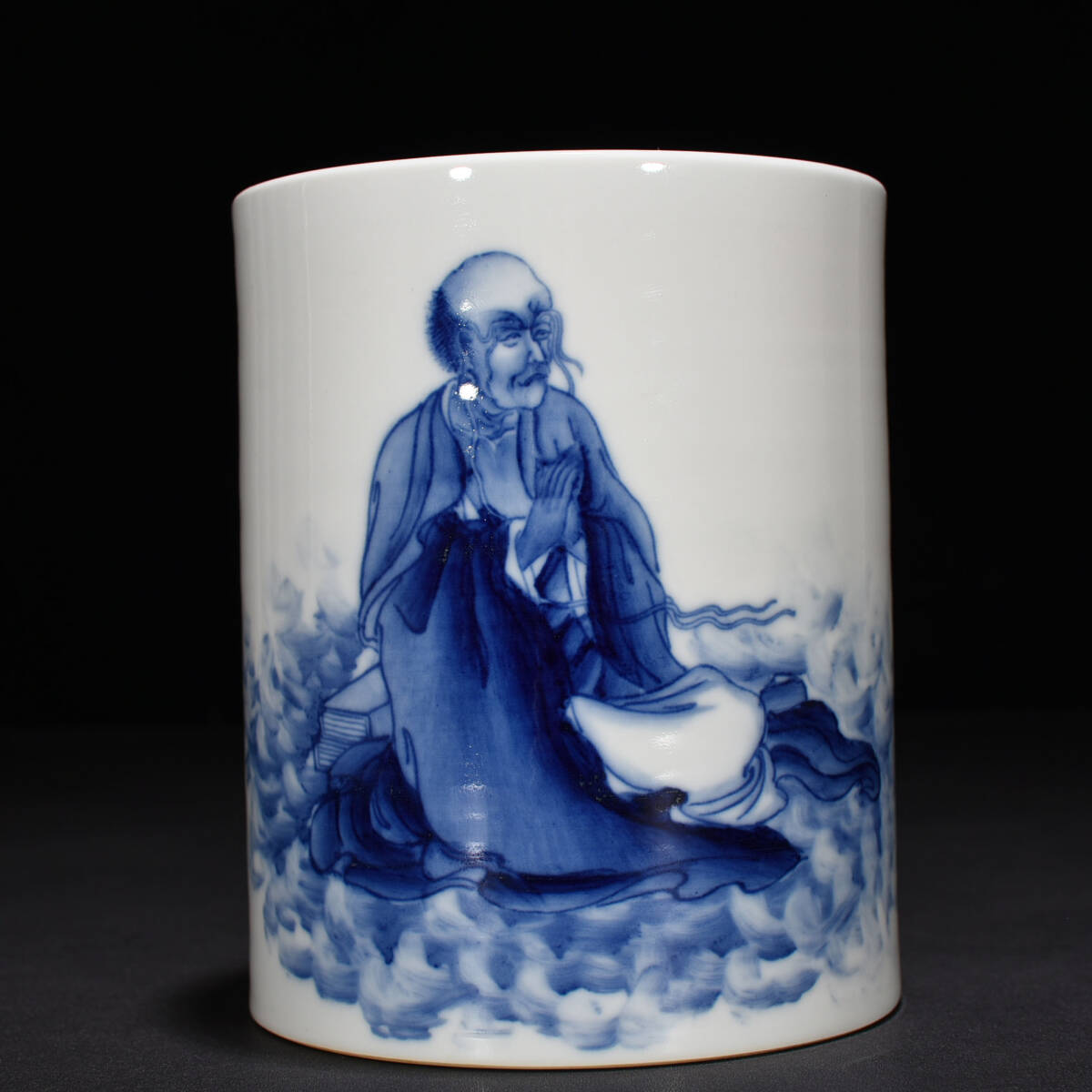 ■TM153■民国 竹溪道人王歩 青花羅漢紋 筆筒 時代物 古玩 唐物 古陶磁器■拍卖