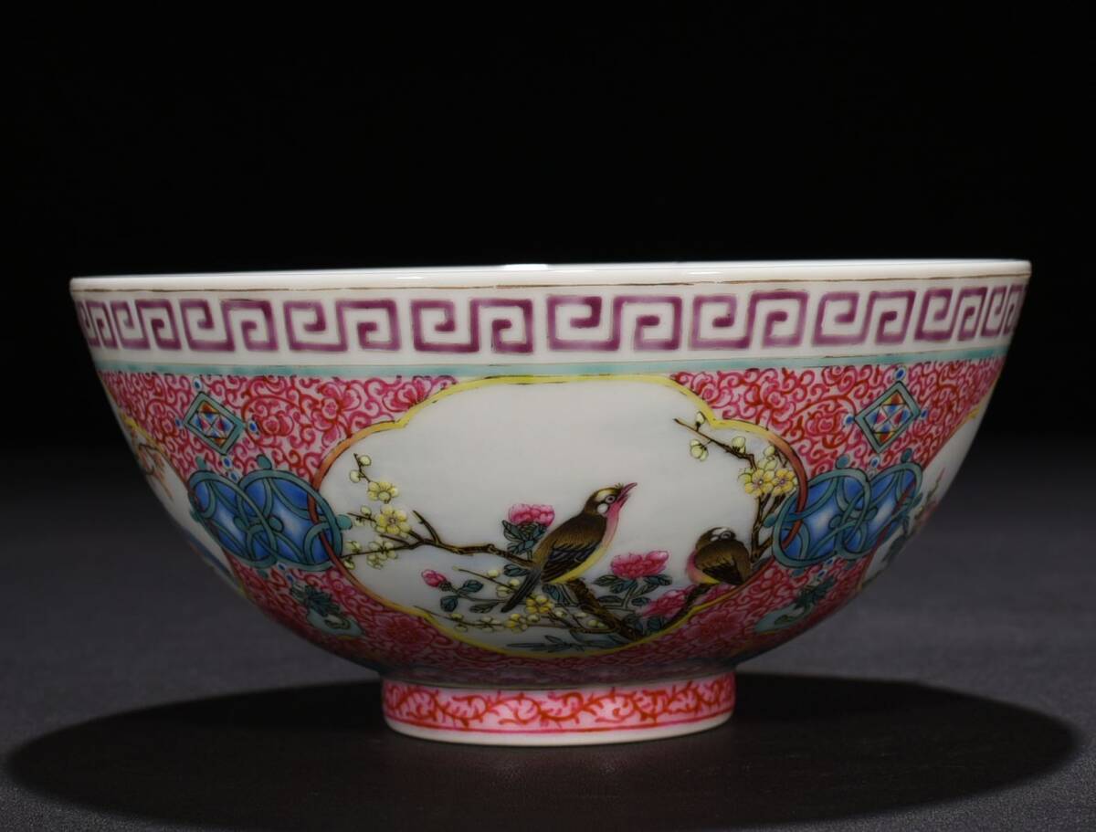 ■TM107■大清雍正年制銘 琺瑯彩開窓四委花鳥紋碗 箱付き 時代物 古玩 唐物 古陶磁器■拍卖