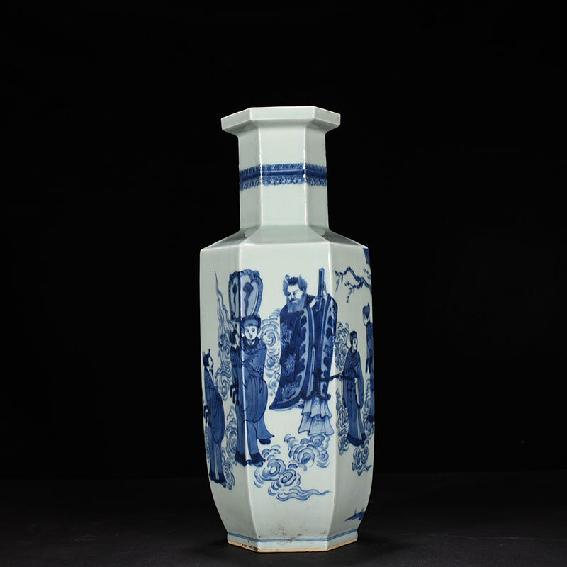 ■TM152■大清康熙年制銘 青花人物故事紋 六方棒槌瓶 時代物 古玩 唐物 古陶磁器■拍卖