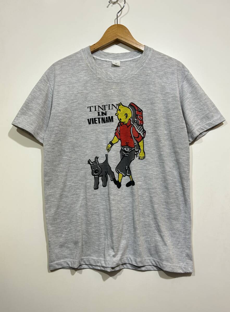 ★ TINTIN IN VIETNAM タンタンの冒険 半袖 Tシャツ グレー L オールド レトロ ビンテージ 古着 愛犬スノーウィ コミック拍卖