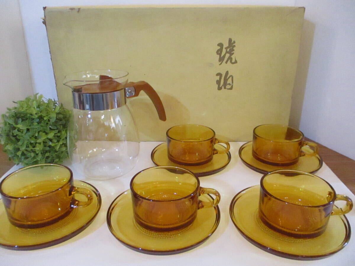 【昭和レトロ・箱入】未使用?カメイガラス『琥珀』ティーカップ&ソーサー5客セット&ティーポット C&S アンバーガラス 飴色 食器 茶器拍卖