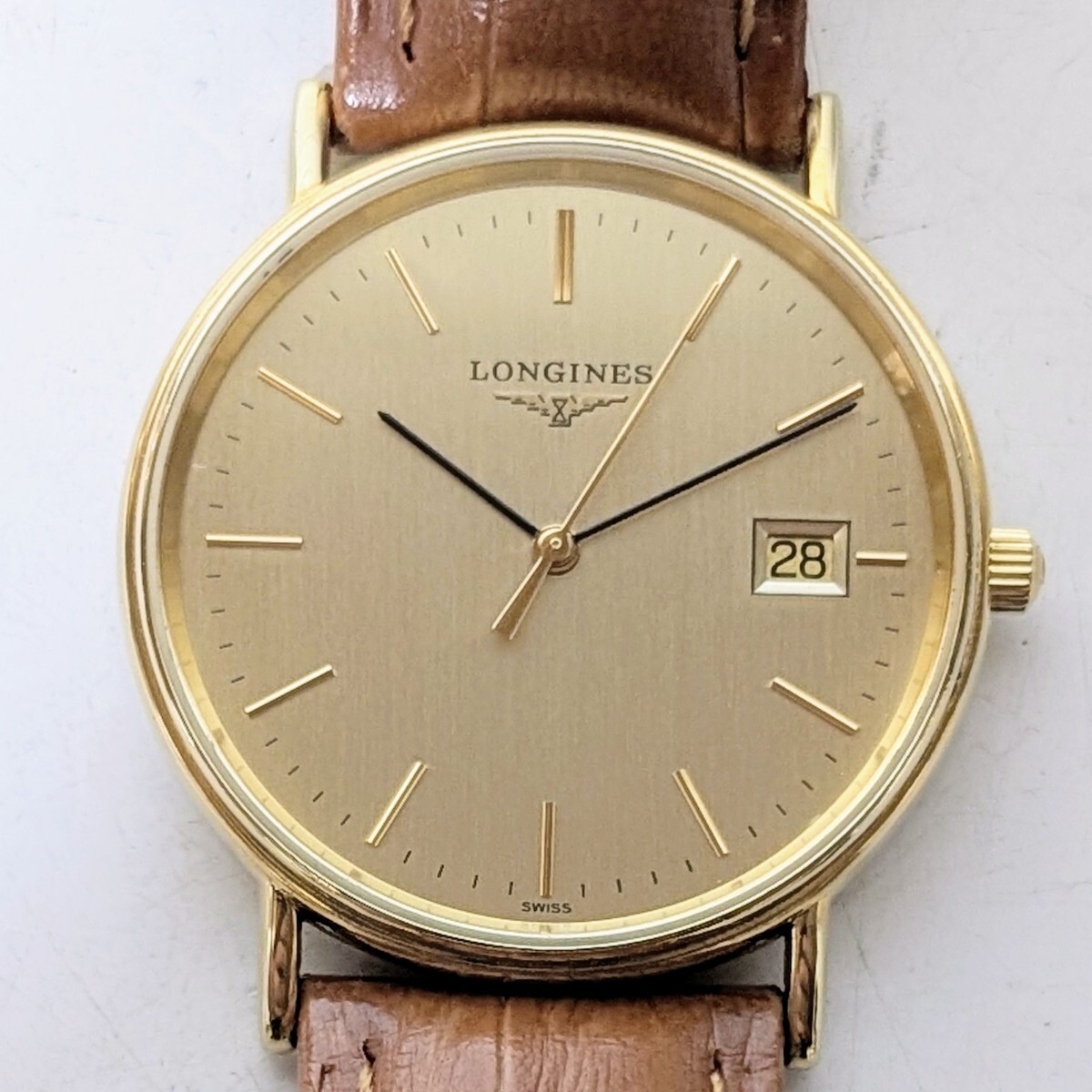 LONGINES L4.720.2 ロンジン グランドクラシック ゴールド ラウンド ゴールド文字盤 デイト 3針 メンズクオーツ腕時計 電池交換済み 稼働品拍卖