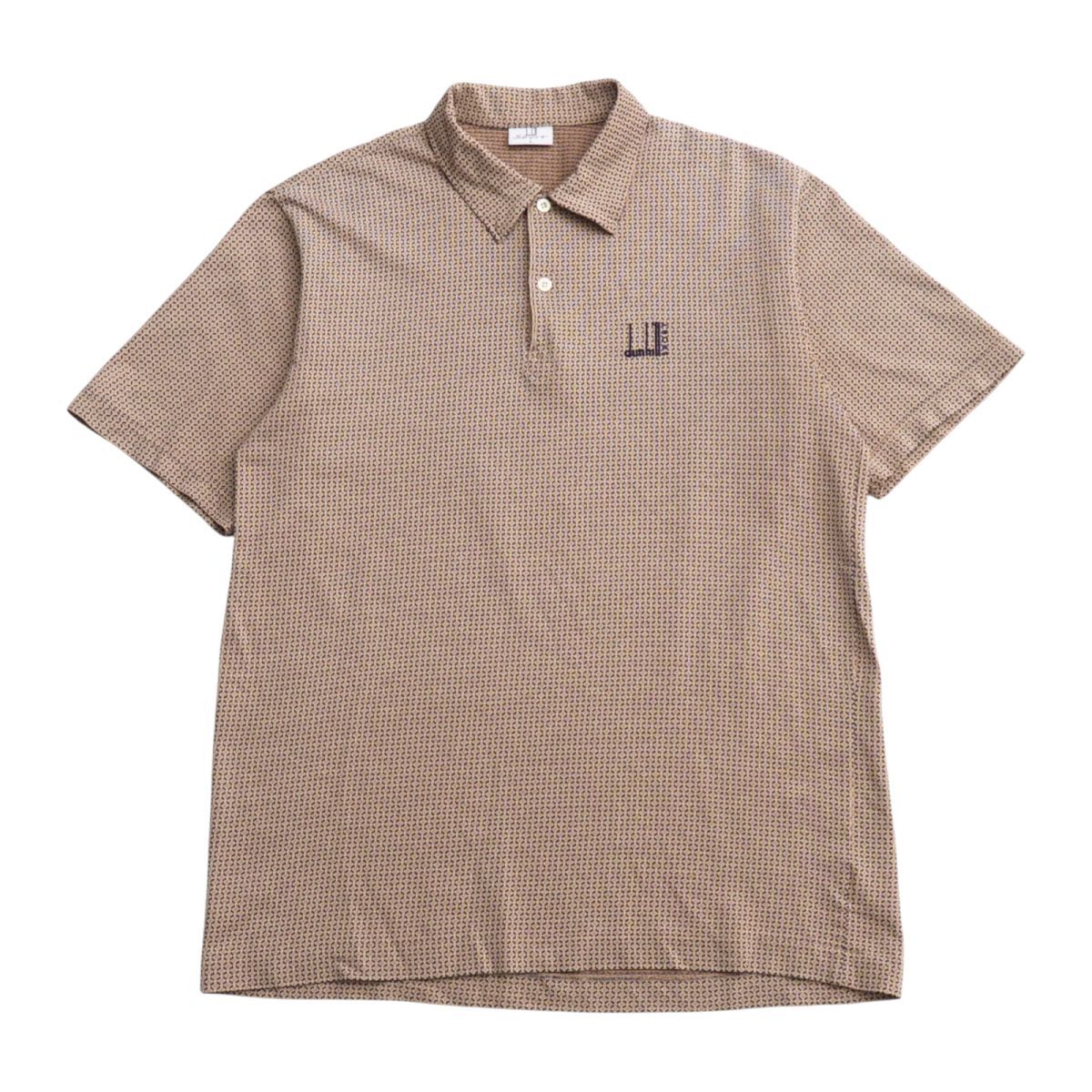 GR9865□ダンヒル/dunhill*メンズL*半袖ポロシャツ*ロゴ刺繍*総柄*ベージュ×ブラック×オレンジ系拍卖