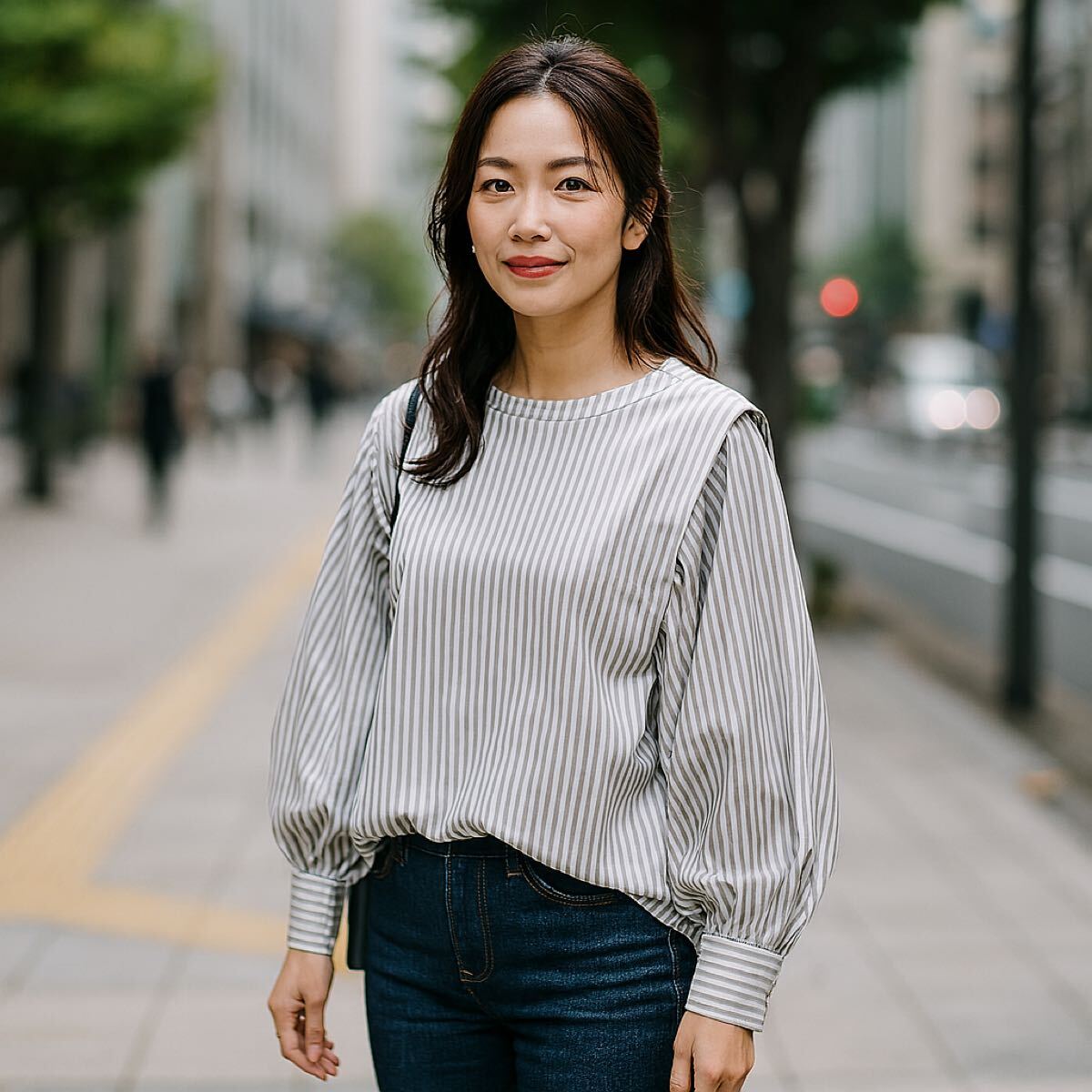 美品★Style Note千趣会 ストライプブラウス Sサイズ 体型カバーゆったり上品レディース グレー春夏秋 オフィス通勤おしゃれ長袖カットソー拍卖