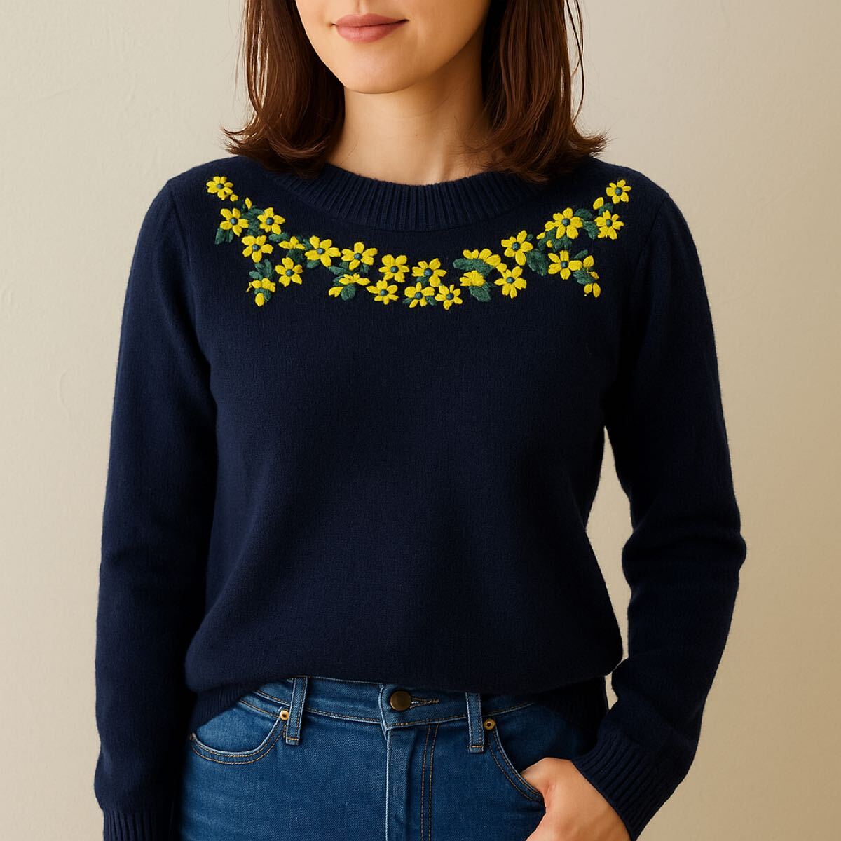 美品★ So close 千趣会ベルメゾン 花柄刺繍ウールニット Sサイズ ネイビー 秋冬 暖かセーター 濃紺ブラック黒 きれいめオフィスカジュアル拍卖