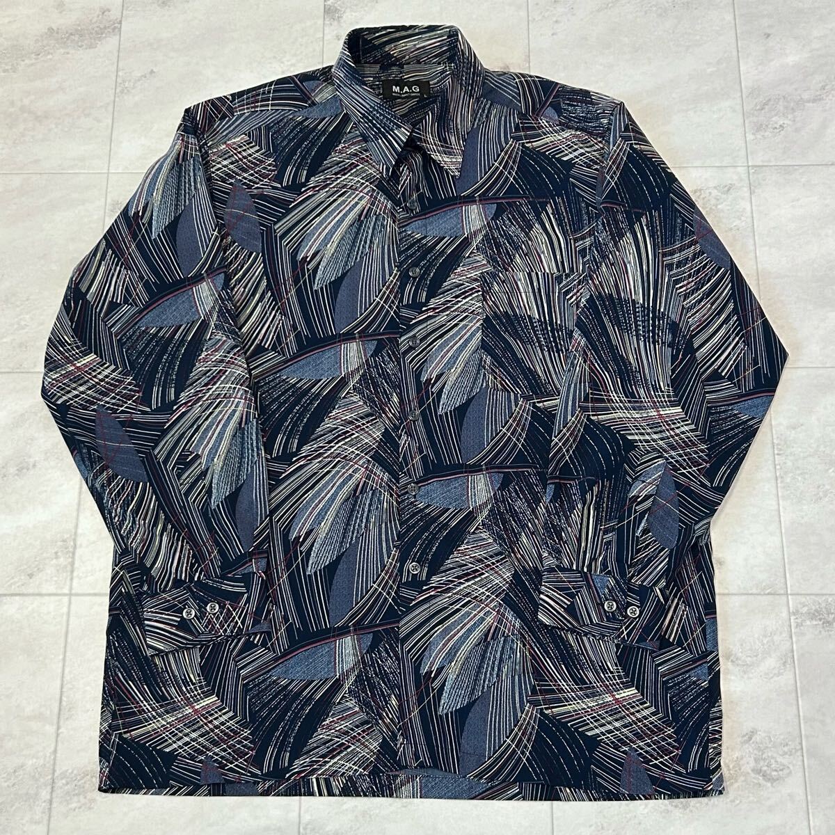 M.A.G MIERU AVANT GARDE 総柄 柄シャツ 幾何学 レトロ アート ビンテージ 長袖シャツ ポリエステル100%拍卖