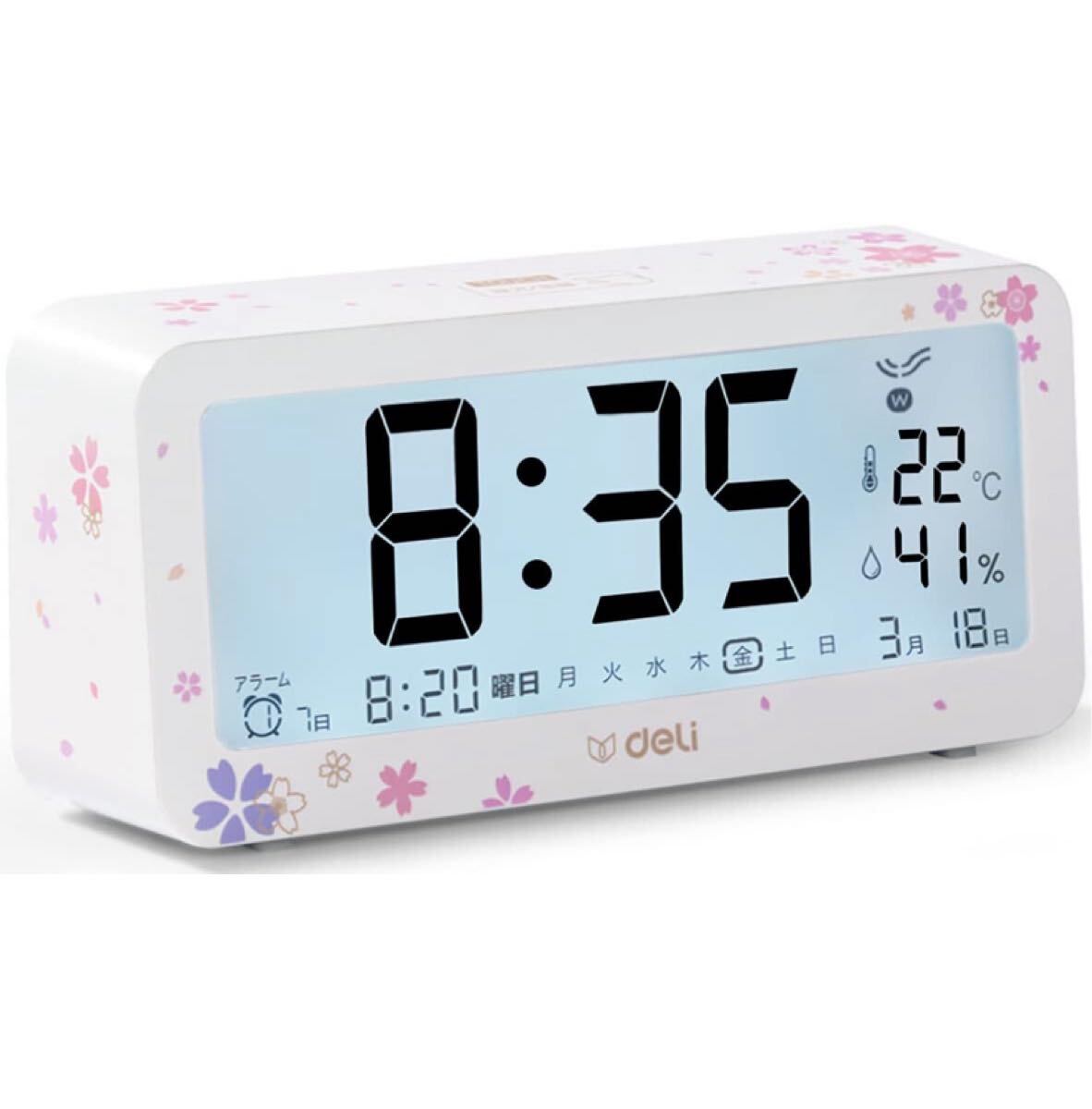 Deli 目覚まし時計 電波時計 メーカー2年保証 桜の模様 文字も大きくてみやすい 乾電池式 画面が明る 温度計・湿度計付き 多機能 電波時計拍卖
