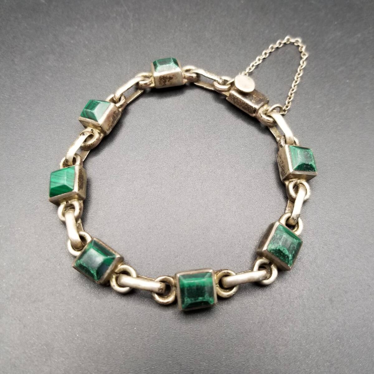 メキシコ 925 シルバー マラカイト スクエアチェーン ヴィンテージ ブレスレット 銀 立体感 Taxco タスコ レトロ R15-Z拍卖