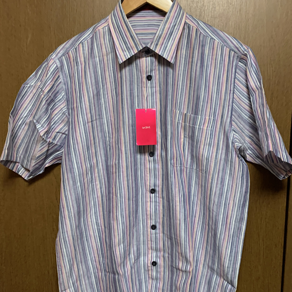 L【LeCENT|半袖シャツ】レセント カラフル ストライプ柄 半袖 シャツ 麻リネン63% 未使用拍卖