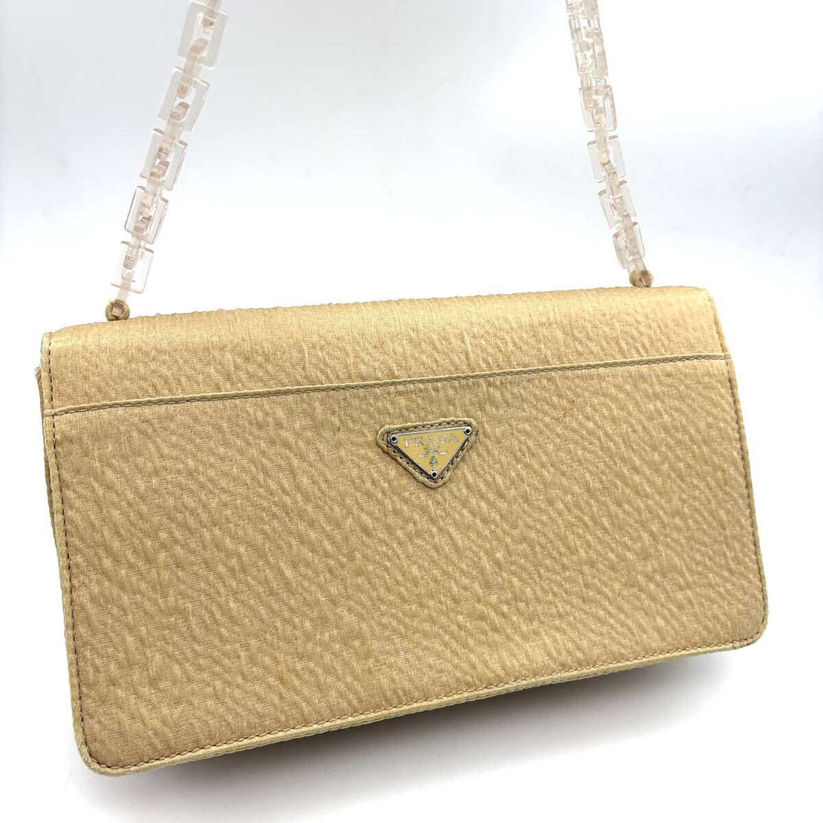 AY2372■PRADA プラダ ショルダーバッグ クロスボディバッグ 肩掛け 斜め掛け ベージュ 三角ロゴ レディース ※内側にシミあり拍卖