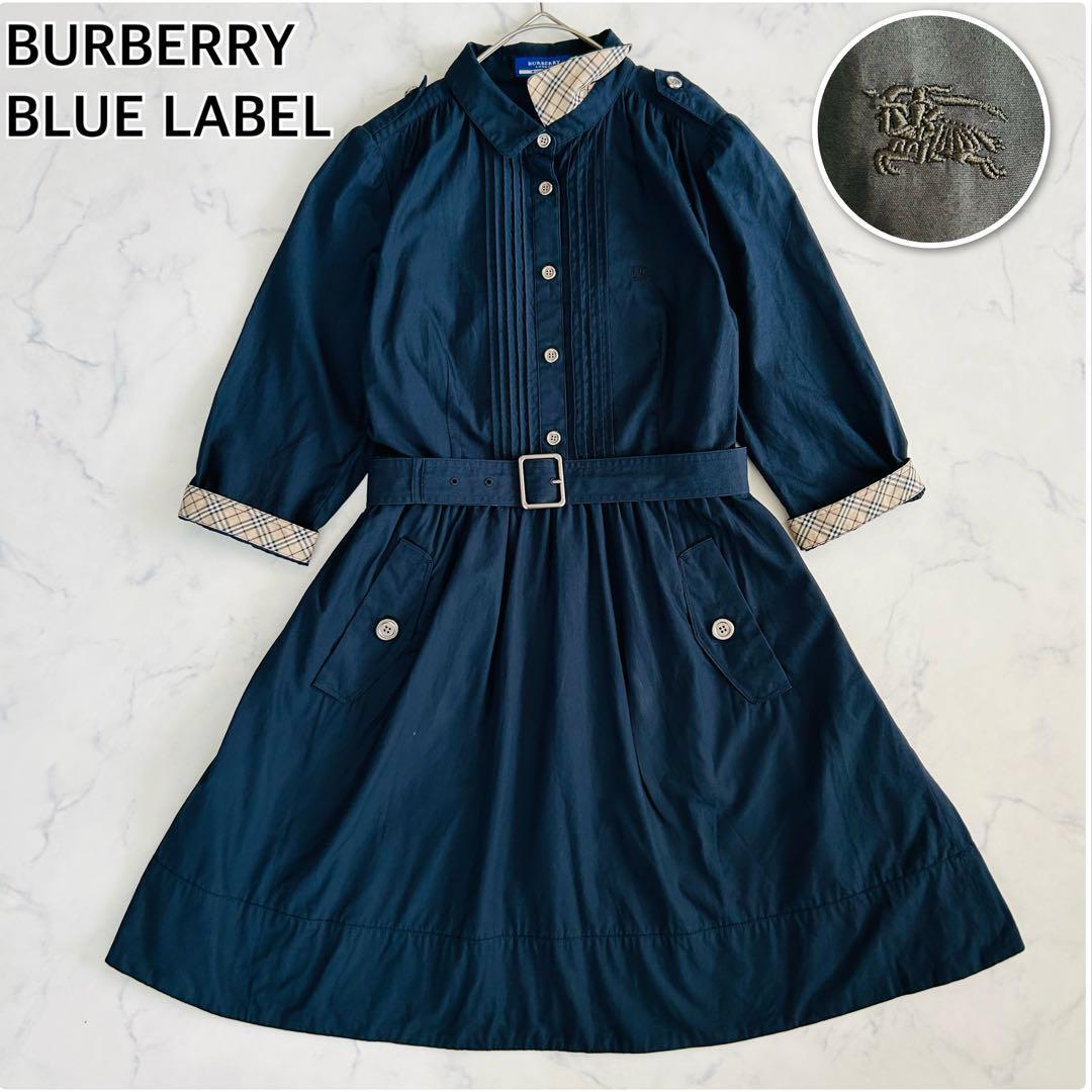 BURBERRY BLUE LABEL バーバリーブルーレーベル タックワンピース 膝丈 ベルト ノバチェック ホースロゴ刺繍 ロゴ印字 M拍卖