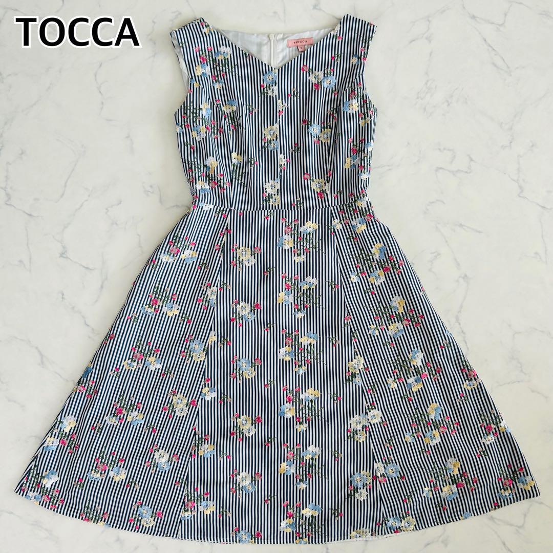 【美品】22ss TOCCA トッカ FULL BLOOM フルブルーム ドレスワンピース 膝丈 ノースリーブ ストライプ フレア 洗える 花柄刺繍拍卖